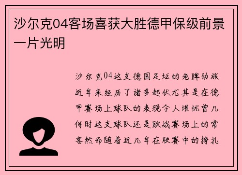 沙尔克04客场喜获大胜德甲保级前景一片光明